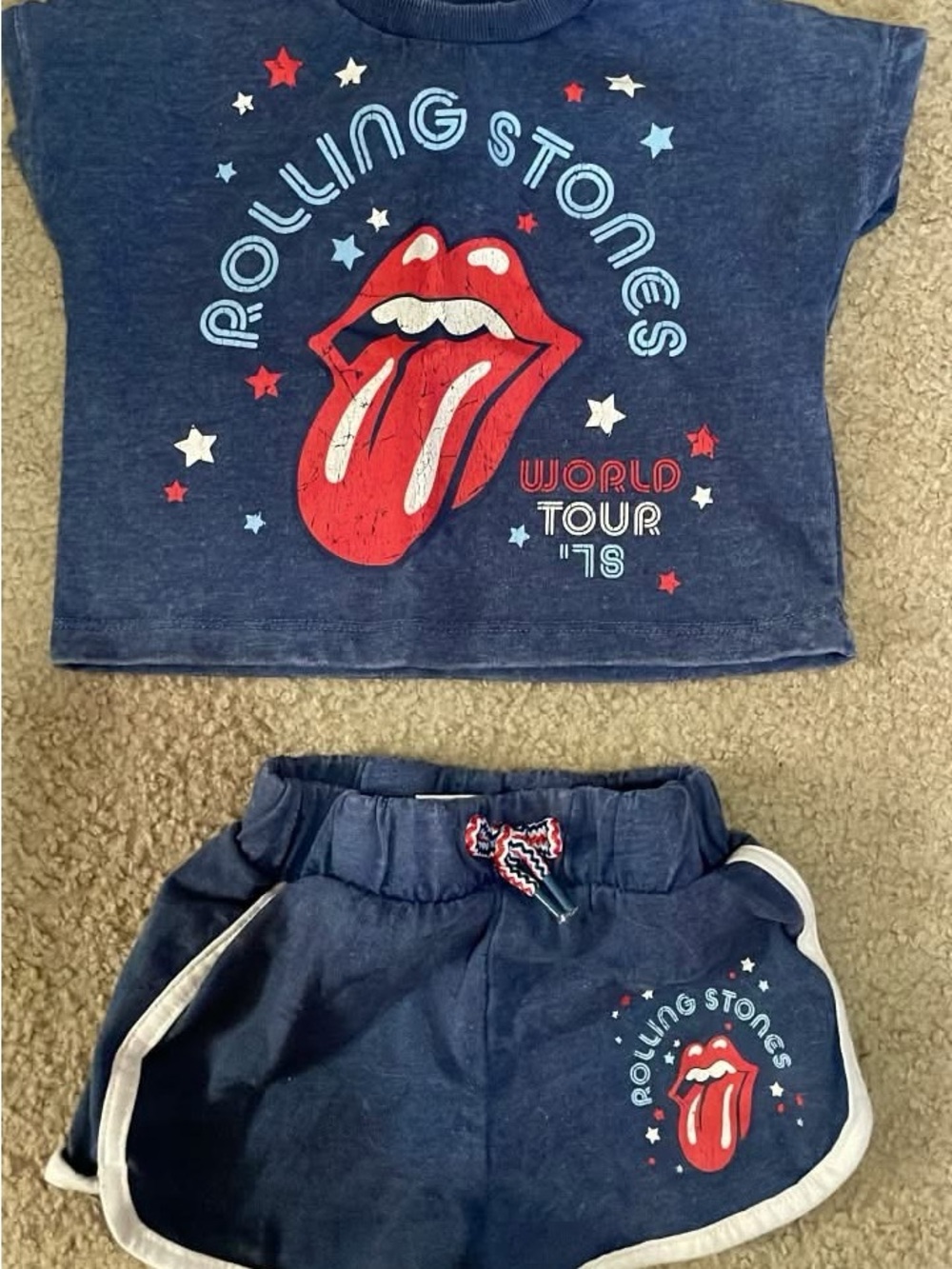 Rolling Stones Navy Crop Tee & Shorts Set - Red Tongue Graphic